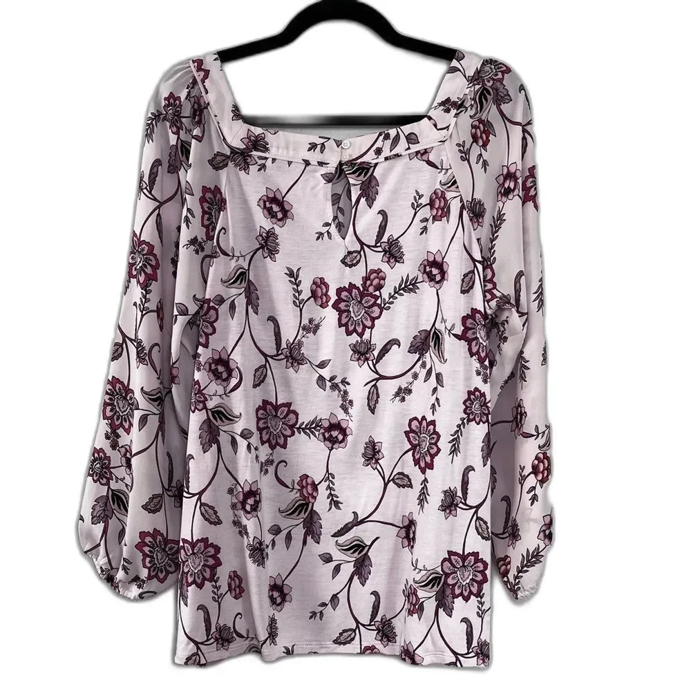 LOFT Floral Blouse Light Pink Purple Square Neckline Size Large Romantic